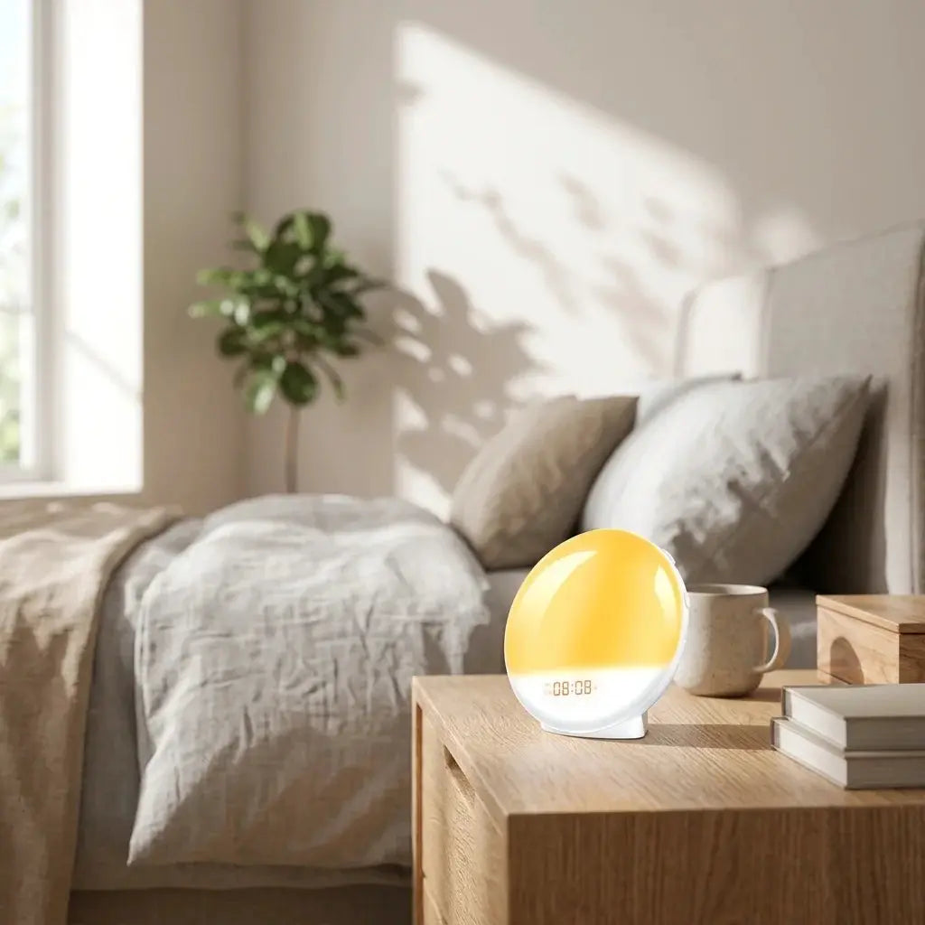 Sunrise Alarm Clock Wake Up Light on a wooden nightstand with a warm yellow glow and digital display.