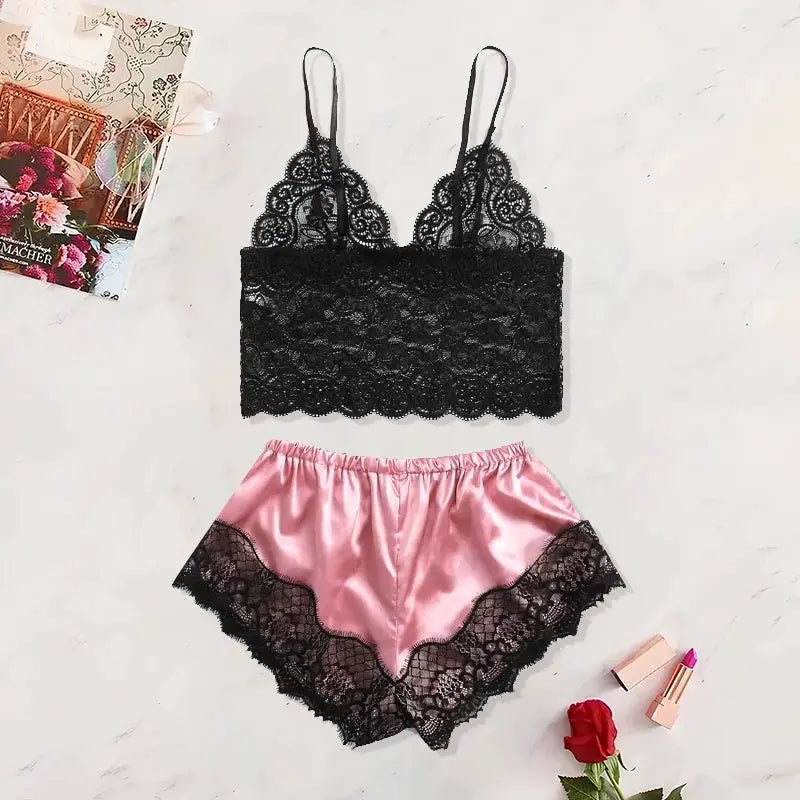 Brand 2025 Summer 2 Piece Lace See Through Pajama Set With Suspender Shorts Lightweight Breathable Polyester