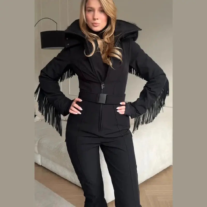 Simples Market black faux-fur hooded one-piece ski suit with belt and fringe sleeves
