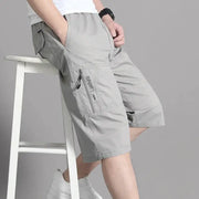 Men's cargo shorts knee-length, light gray cotton with zip side pocket and elastic waist