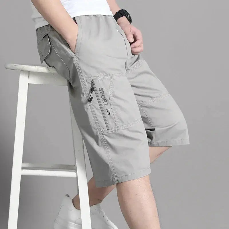 Men's cargo shorts knee-length, light gray cotton with zip side pocket and elastic waist