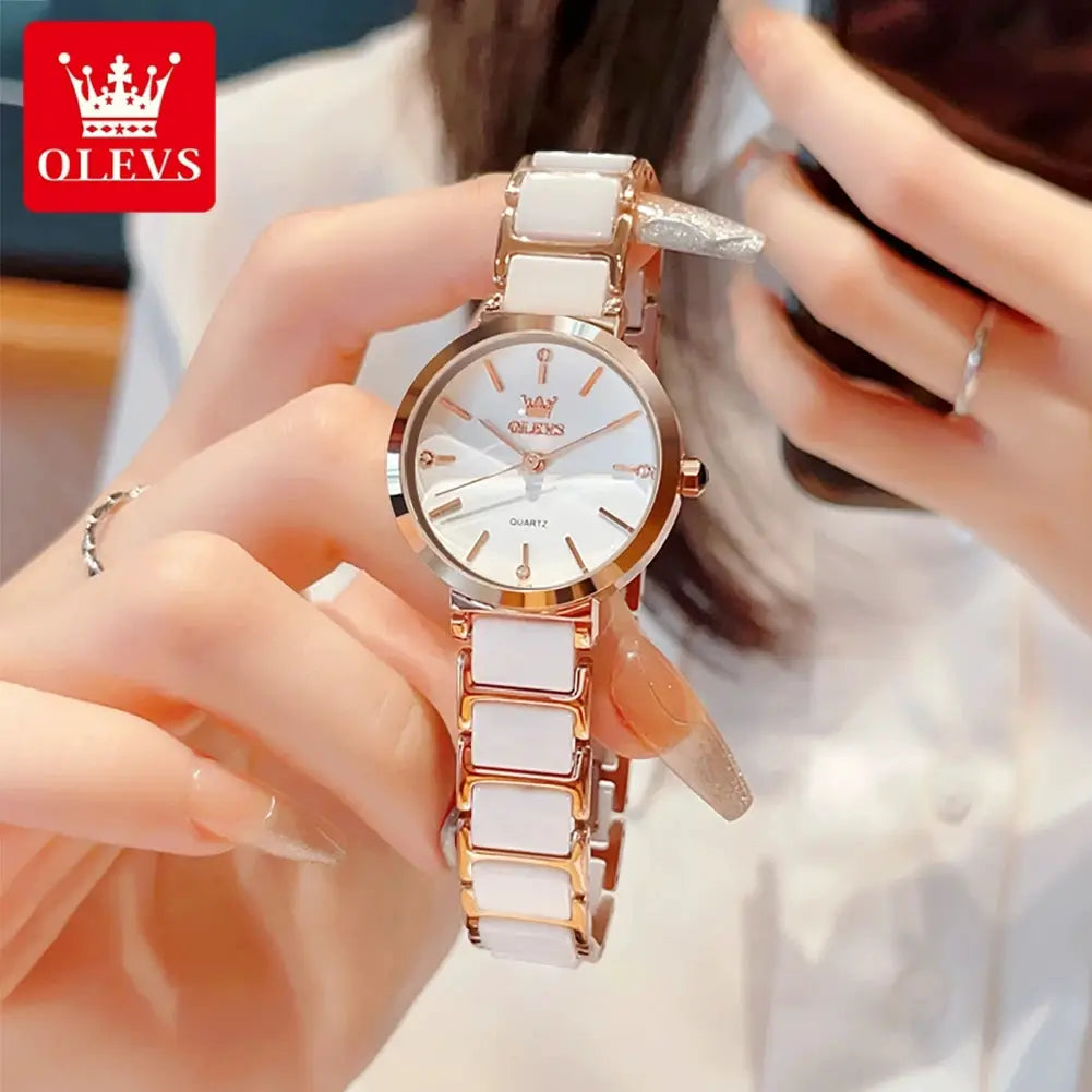 OLEVS women's wristwatch with rose-gold case and white ceramic links, quartz movement