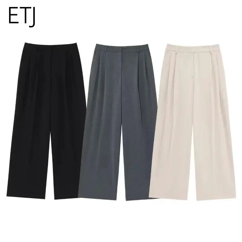ETJ women's high-waisted pleated wide-leg pants in black, gray, and beige (3-pack)