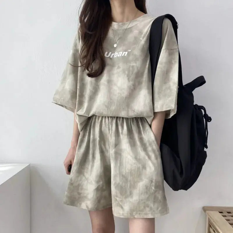 Women Tie Dye T Shirt And Wide Leg Shorts Set Casual With Pockets