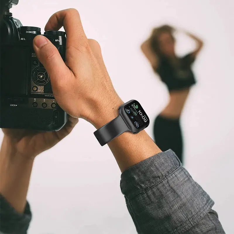 Glass+Cover for Apple Watch case with screen protector, black band on wrist