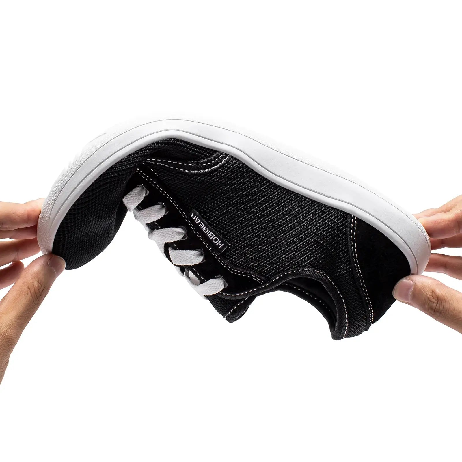 HOBIBEAR barefoot sneakers, black mesh upper with white sole, lace-up zero-drop unisex style.
