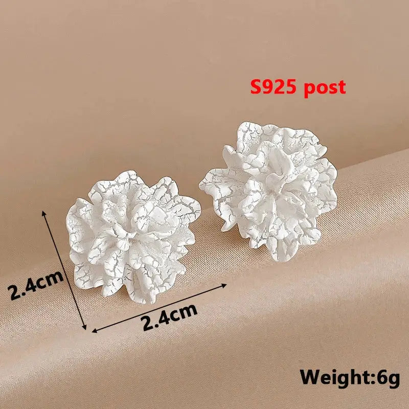 White flower enamel earrings with S925 posts, 2.4 cm blooms, pair