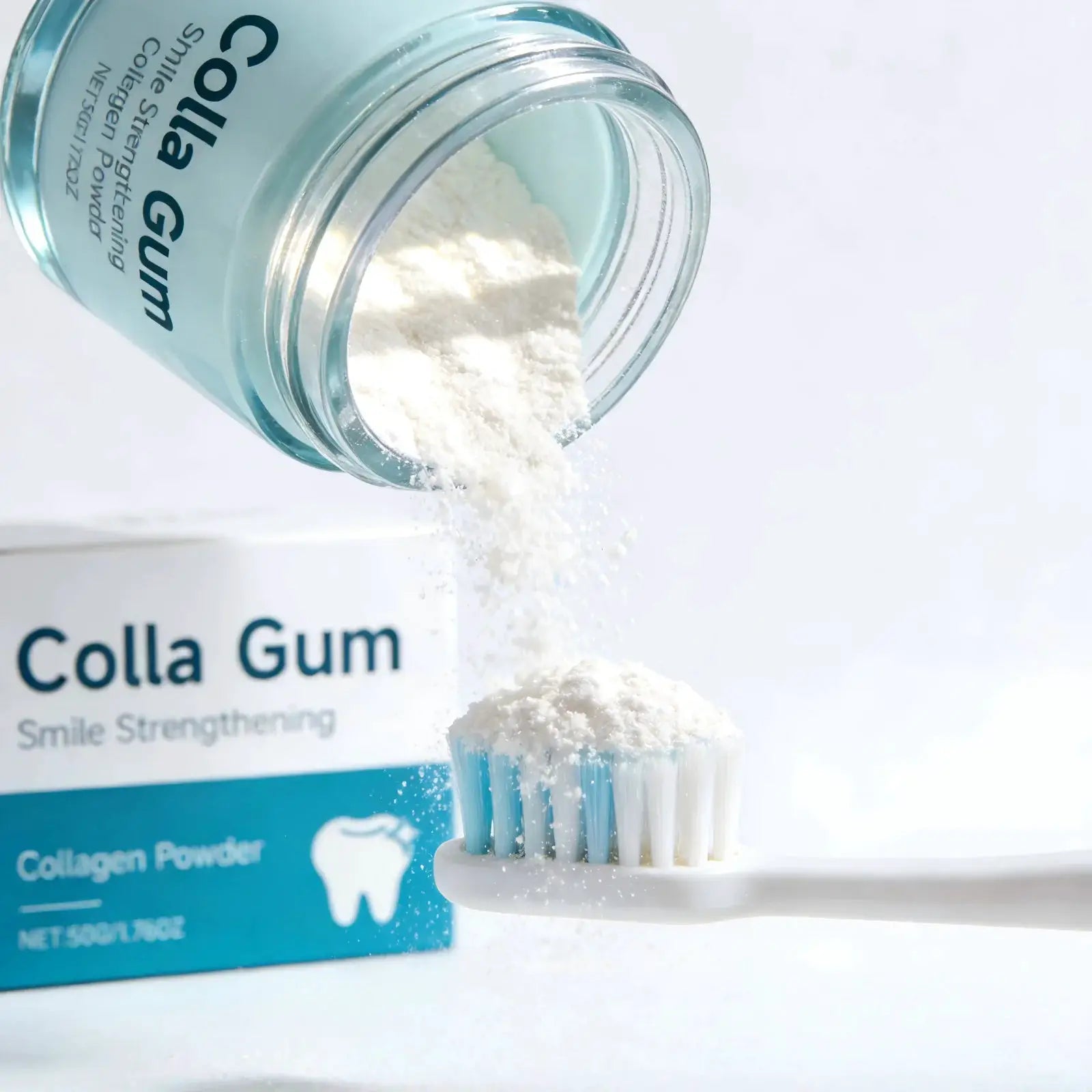 Simples Market Collagen Whitening Tooth Powder in blue jar pouring white powder onto a toothbrush.