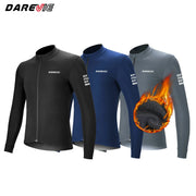 DAREVIE cycling jersey set; three men's long-sleeve winter thermal fleece jerseys in black, blue, and gray with logo