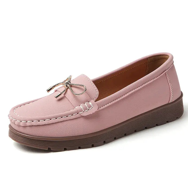 StrideWell Autumn Leather Slip On Flats For Women Comfortable Round Toe Low Heel Travel Work Everyday
