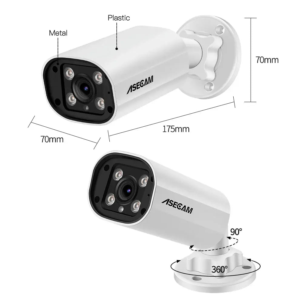 ASECAM outdoor security camera, white bullet housing with 4 LEDs, IP-rated, wall/ceiling mount, 360° swivel