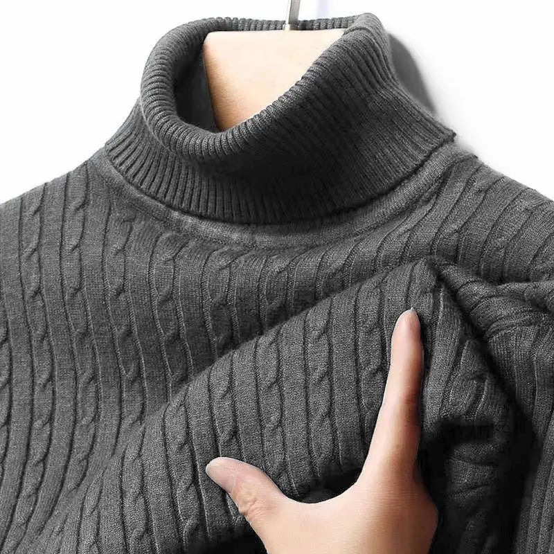 Men's grey ribbed-knit turtleneck sweater, warm knitted pullover with long sleeves