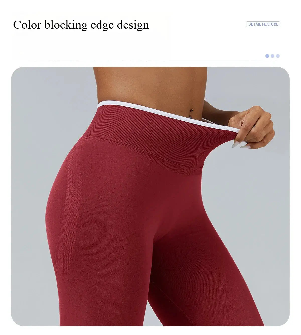 Women's seamless knitted yoga leggings in maroon with white-edge high-waist waistband