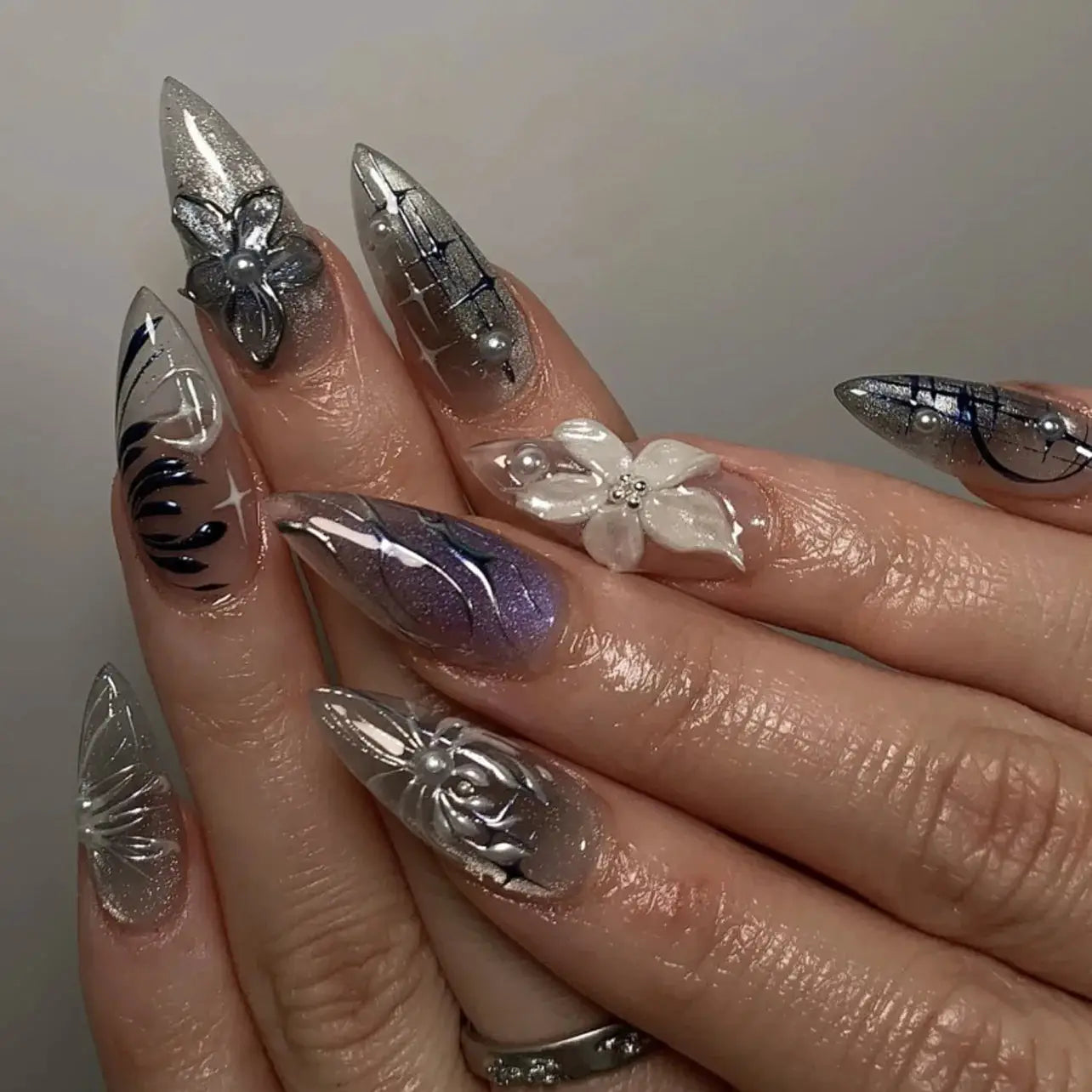 GlamNail Pink Almond Press On Nails Full Coverage Carved Flower 3D Ripple French Tips Golden Pearl Finish