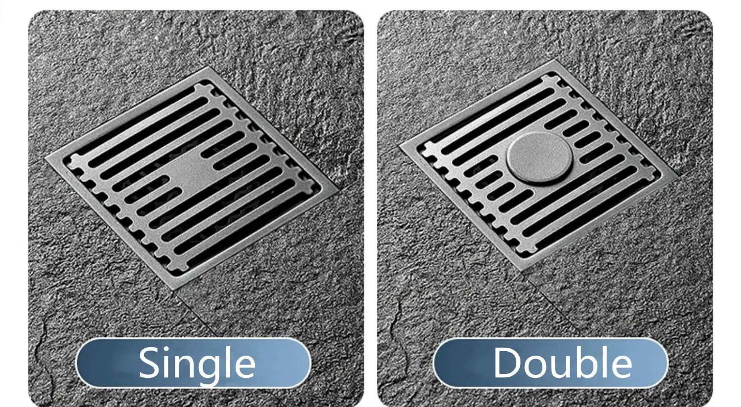 Stainless steel floor drain 10 cm square with removable cover, anti-odor, two models: single and double.