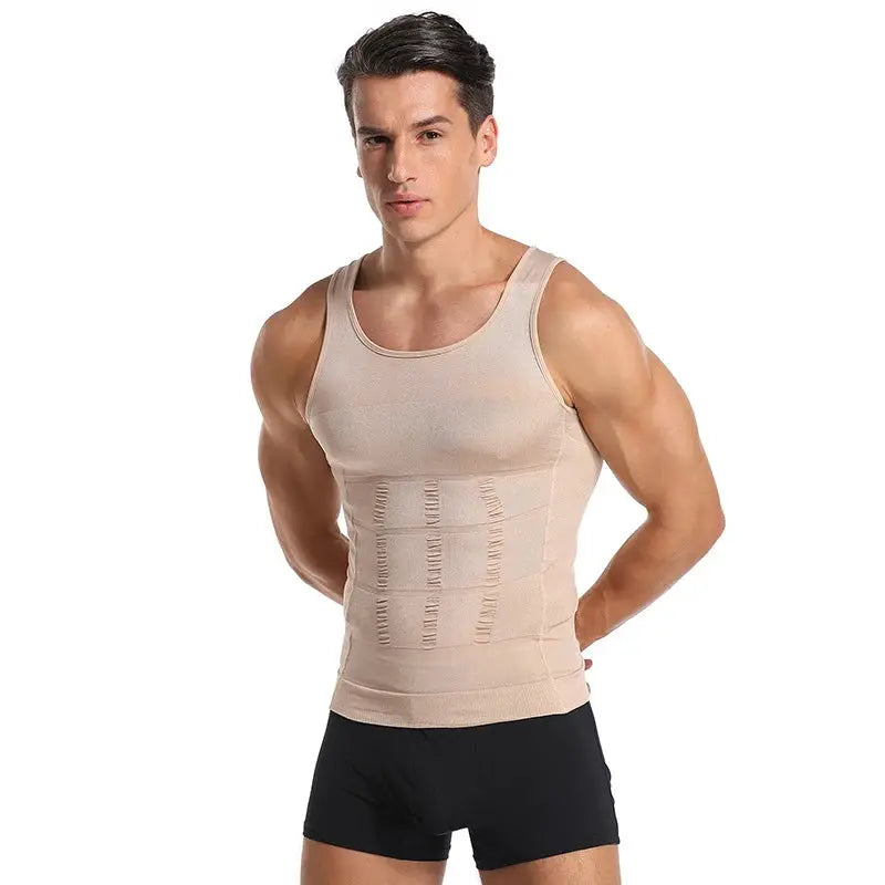 Men's shapewear body corset vest, beige compression waist cincher undergarment