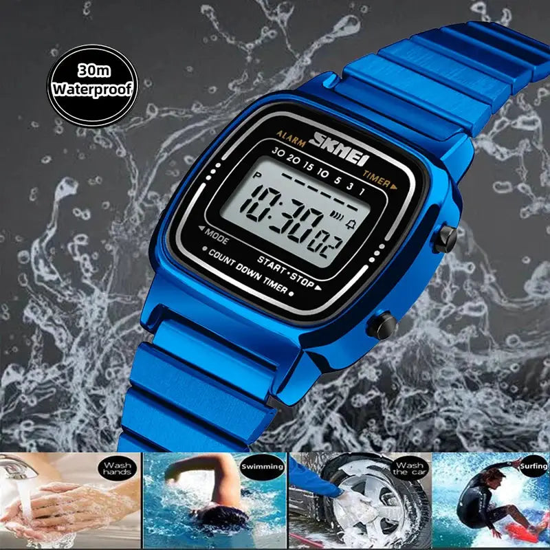 Skmei Women Digital Chronograph Wristwatch Stainless Steel Strap 30M Water Resistant Fashion Timepiece