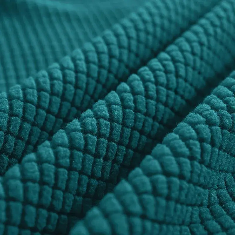 Bed headboard cover in teal polar fleece with textured plush fabric