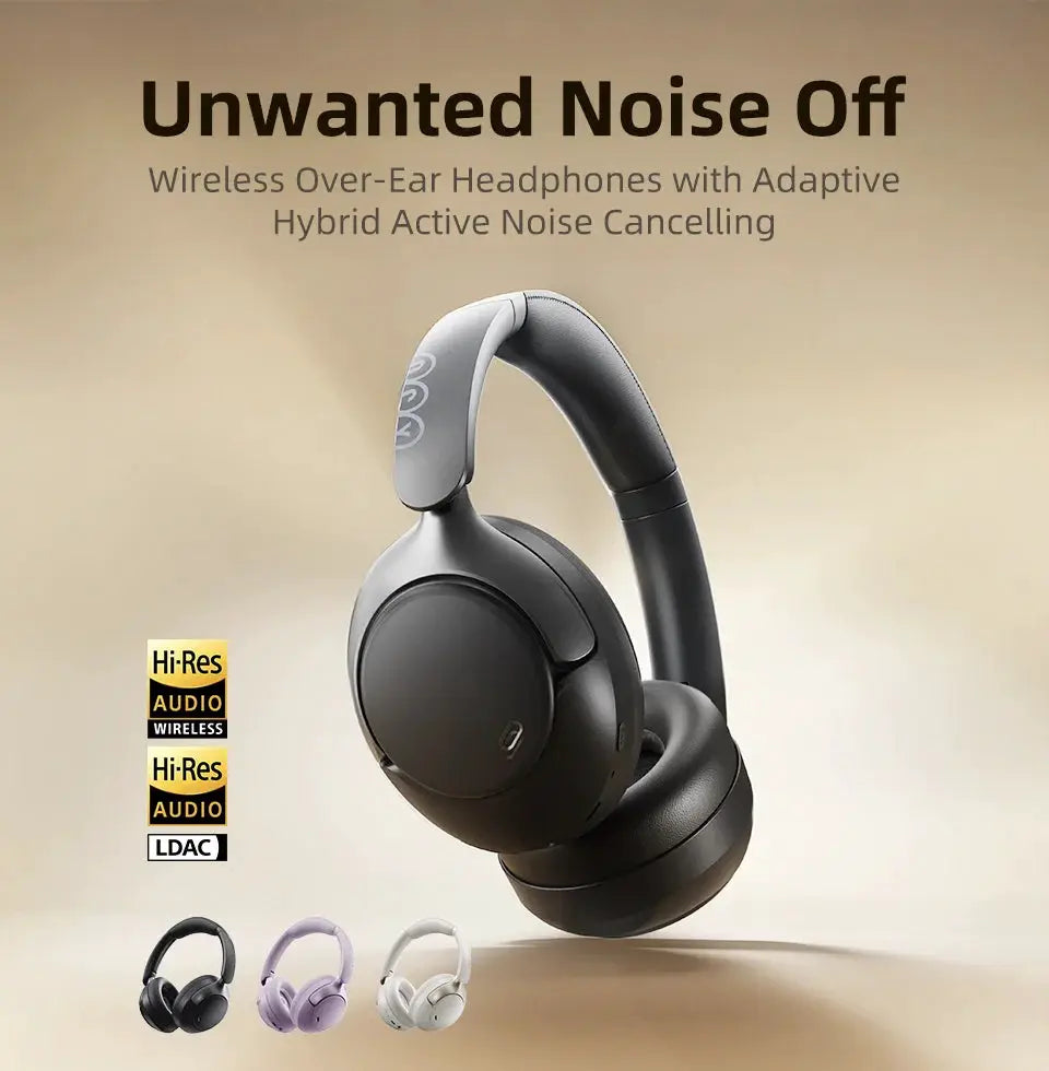QCY H3 Pro ANC wireless over-ear headphones in black with Hi-Res Audio and LDAC; four color options shown.