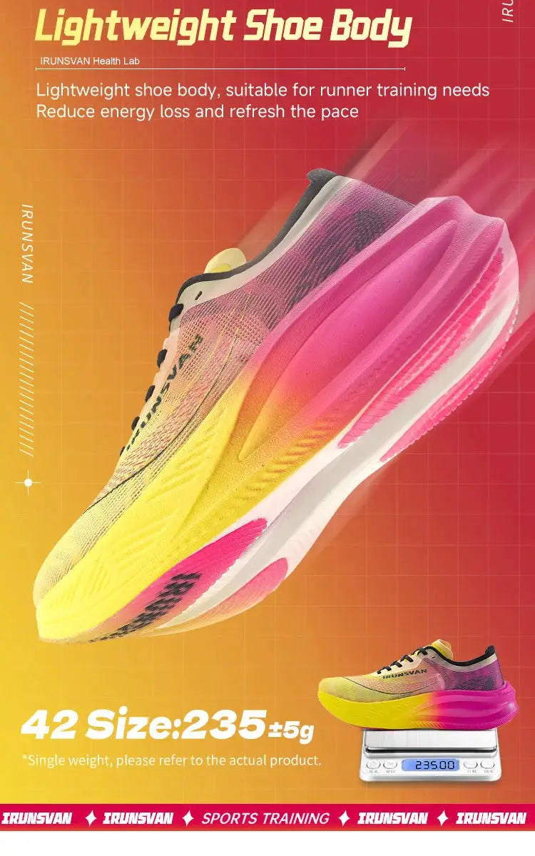 IRUNSVAN nylon carbon plate marathon running shoes, lightweight training sneakers with yellow-pink gradient (two shown).