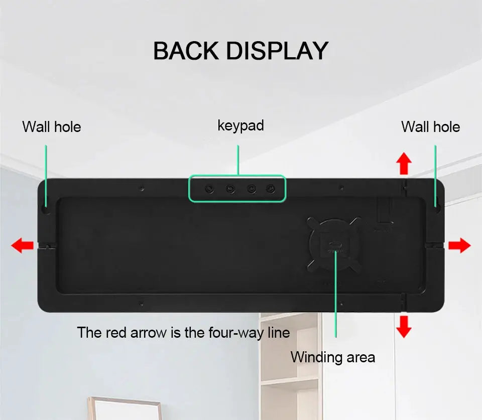 Large digital wall clock, black case, back view with keypad, wall-mount holes and remote area