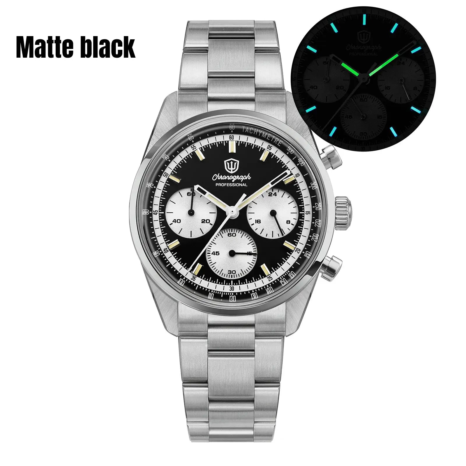 Stainless steel chronograph watch with black dial, white subdials, tachymeter bezel, and metal bracelet