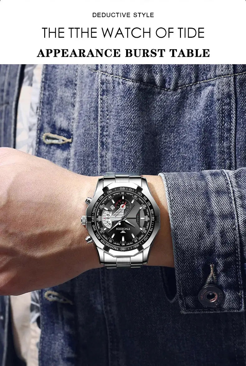 BINBOND men's stainless steel quartz watch with black dial and chronograph on metal bracelet
