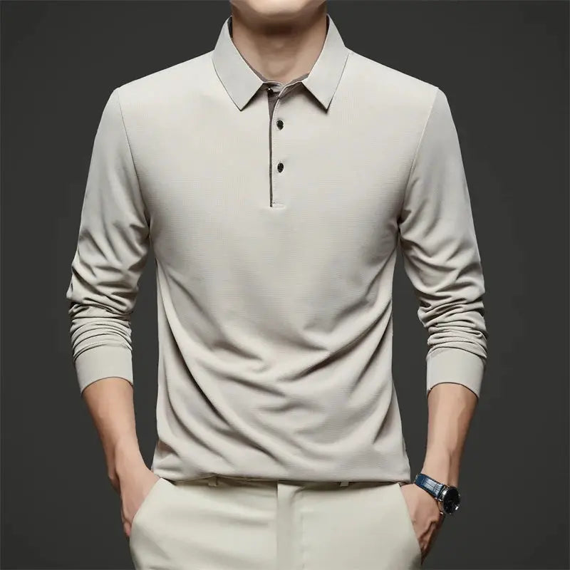 Men's long-sleeve polo shirt in light beige, solid color, business casual style.