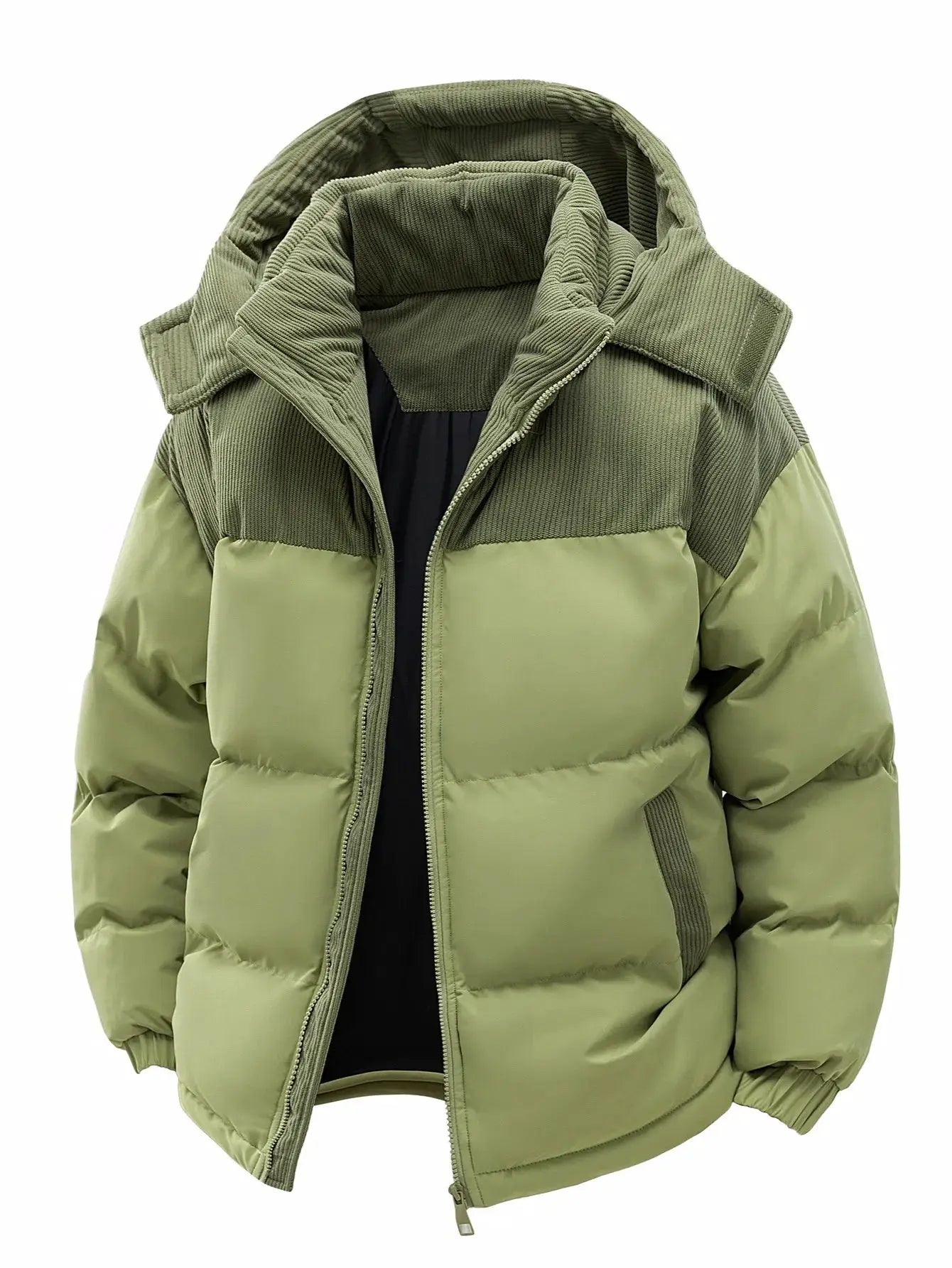 Simples Market men's cotton hooded puffer jacket in olive green, quilted insulated, windproof for winter.