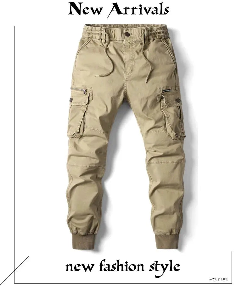 Men's khaki cotton cargo pants with cargo pockets, drawstring waist, and ribbed cuffs.