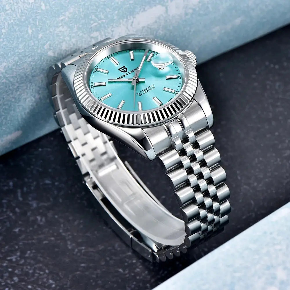PAGANI DESIGN men's automatic watch with turquoise dial and stainless steel Jubilee bracelet, Japan movement