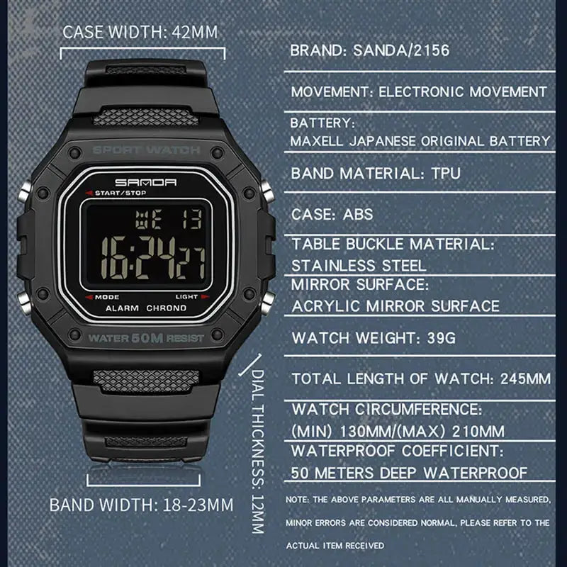 SANDA 2156 Military Style Digital Mens Watch With Large Dial Water Resistant LED Stopwatch