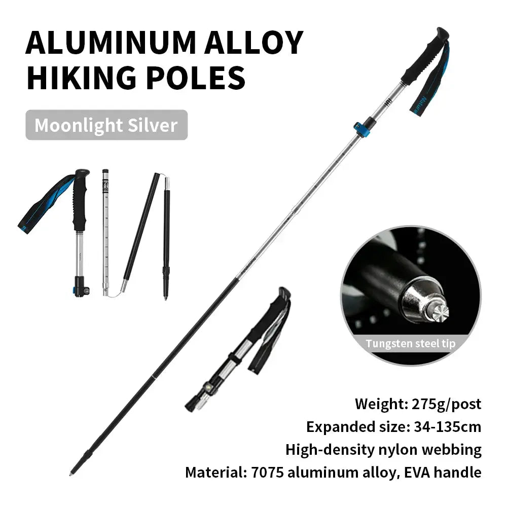 Naturehike ultralight aluminum trekking pole, folding, Moonlight Silver, 34–135 cm, tungsten tip, Simples Market