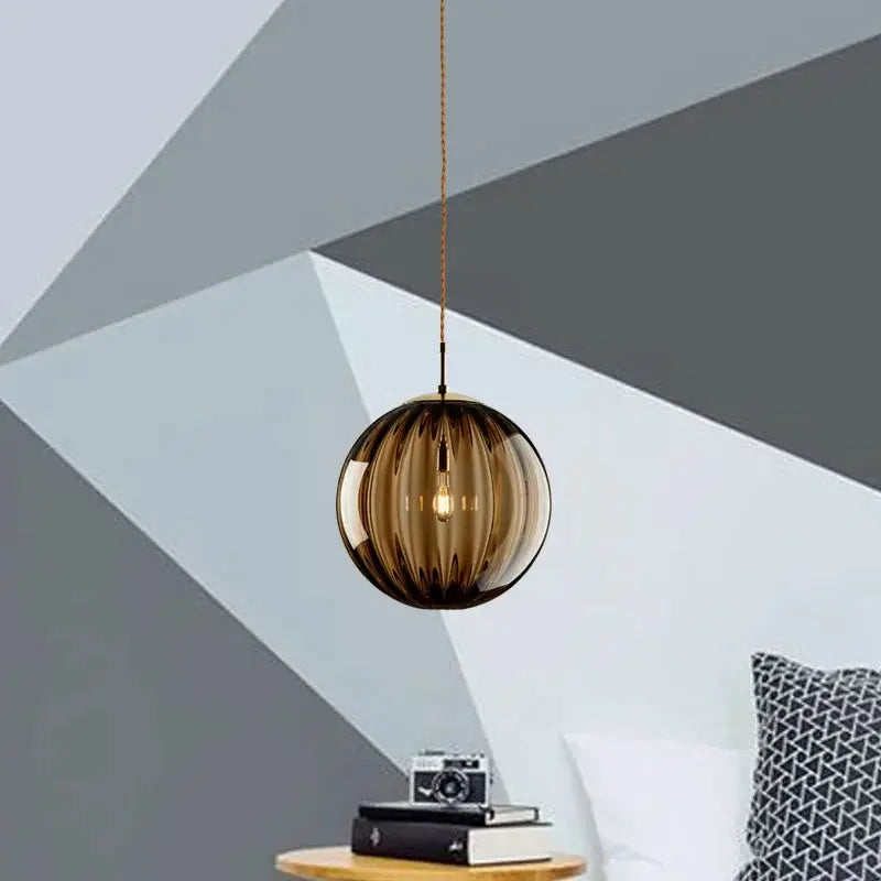 Simples Market modern LED pendant light, amber glass ball globe with cord for bedroom or dining