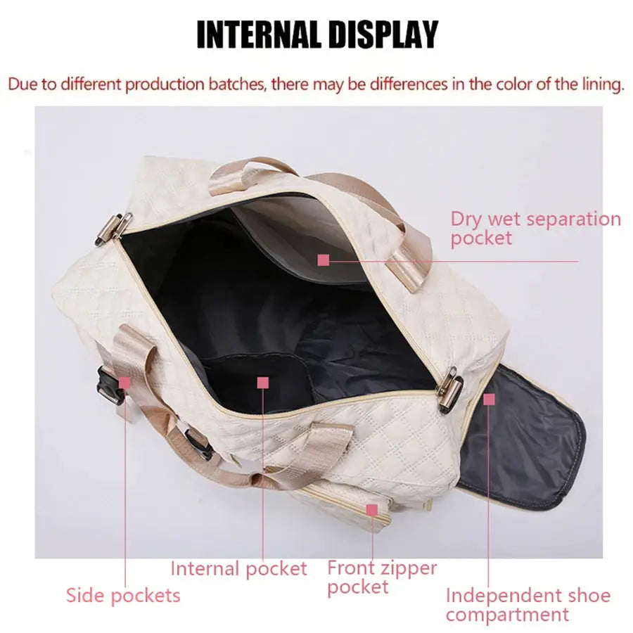 Durable nylon travel duffle bag by Simples Market, beige quilted with multiple pockets and removable shoulder strap