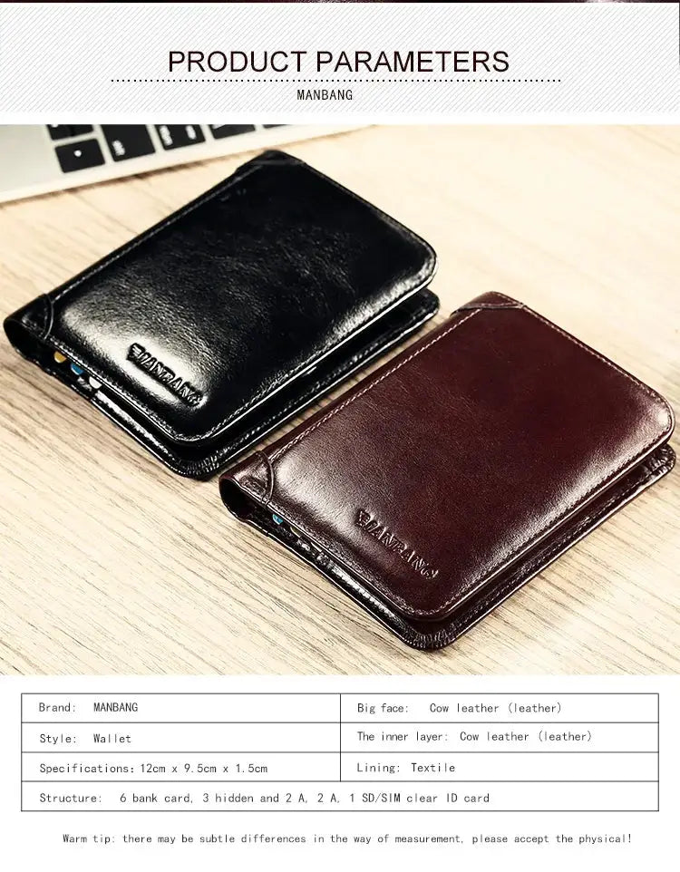 Two ManBang classic style leather wallets for men in black and brown, genuine cowhide, slim cardholder design