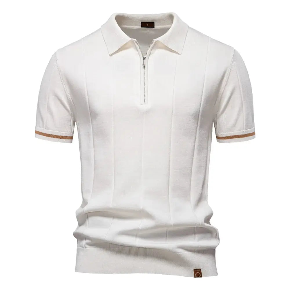 AIOPESON white men's solid color zip polo shirt with short sleeves and tan stripe cuffs, slim fit