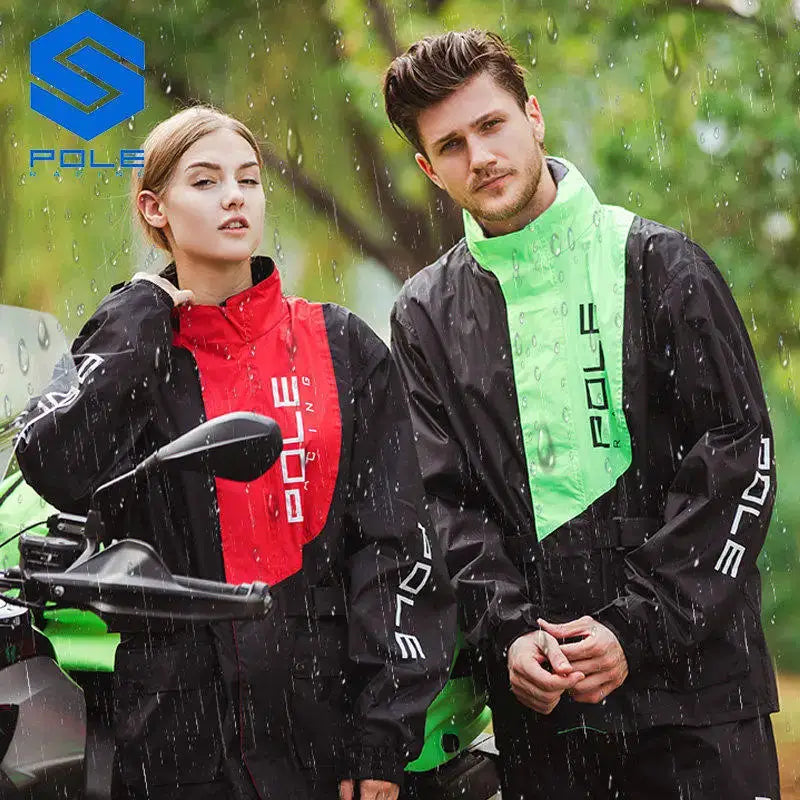POLE motorcycle raincoat set worn by two riders; black jackets with red/green panels, breathable waterproof, reflective.