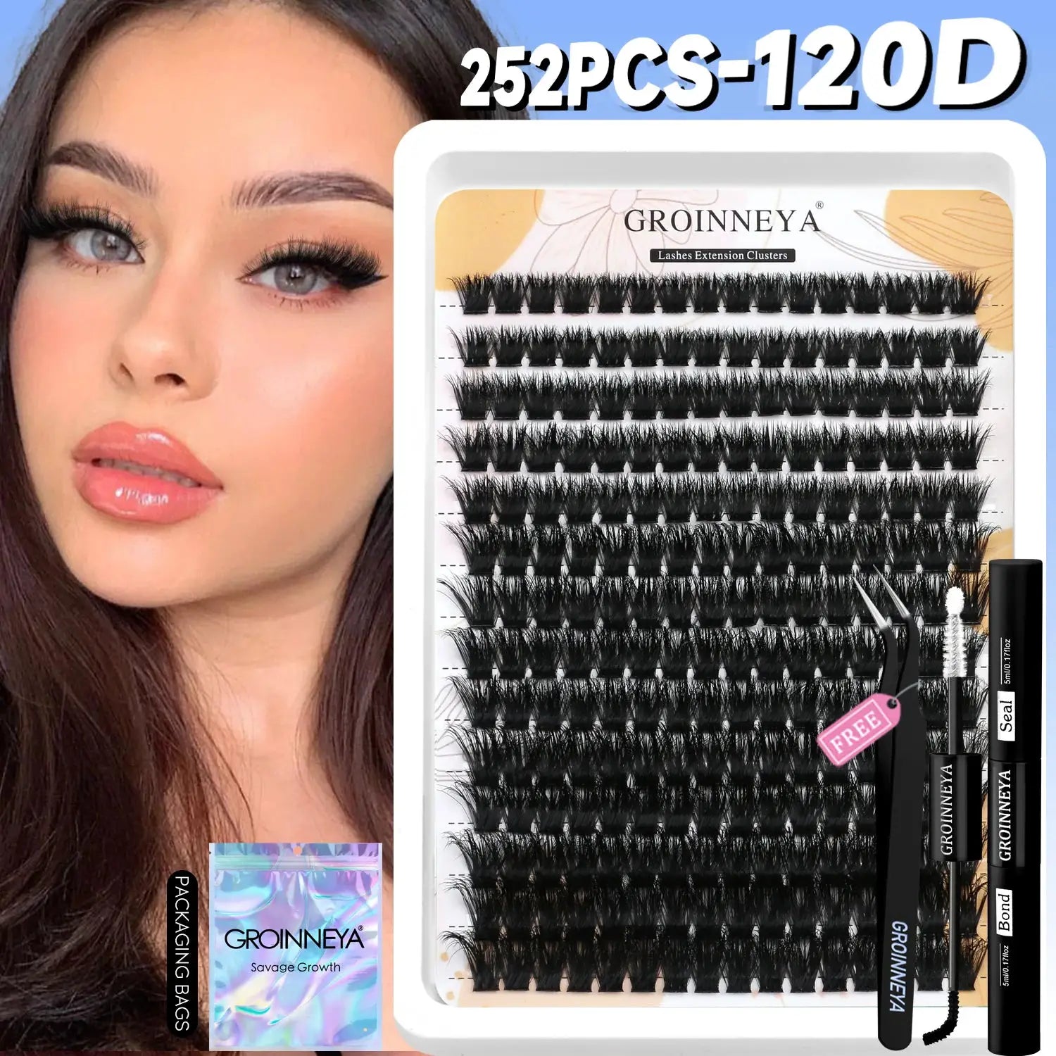 GROINNEYA Lash Clusters Kit Waterproof Strong Hold DIY Lash Extension Kit Bond And Seal Eyelash Tweezers Makeup