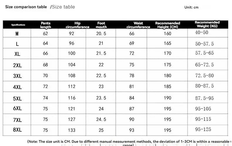 Simples Market ice silk men's pants size table with cm measurements from M to 8XL
