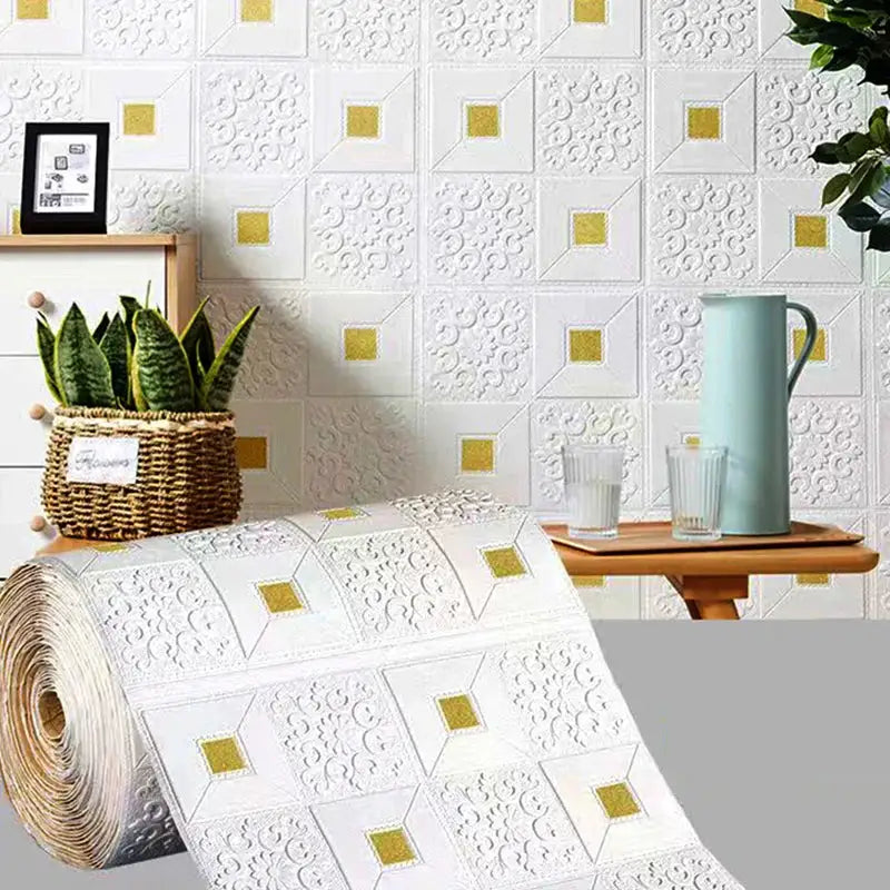 Simples Market 3D brick wallpaper roll, white embossed tiles with gold square accents, waterproof DIY wall decor 70cm×1m
