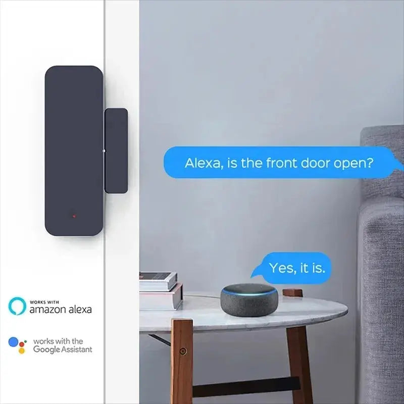 Door/window sensor, black dual-unit on white door frame; Zigbee/WiFi smart sensor compatible with Alexa and Google Assistant