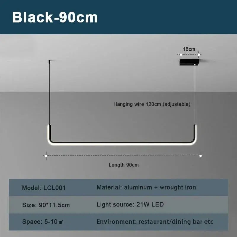 Modern LED strip chandelier light, black 90 cm, aluminum + wrought iron, 21W LED