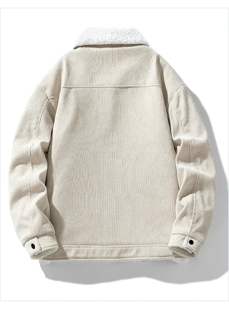 Men's beige corduroy jacket with white sherpa collar, back view