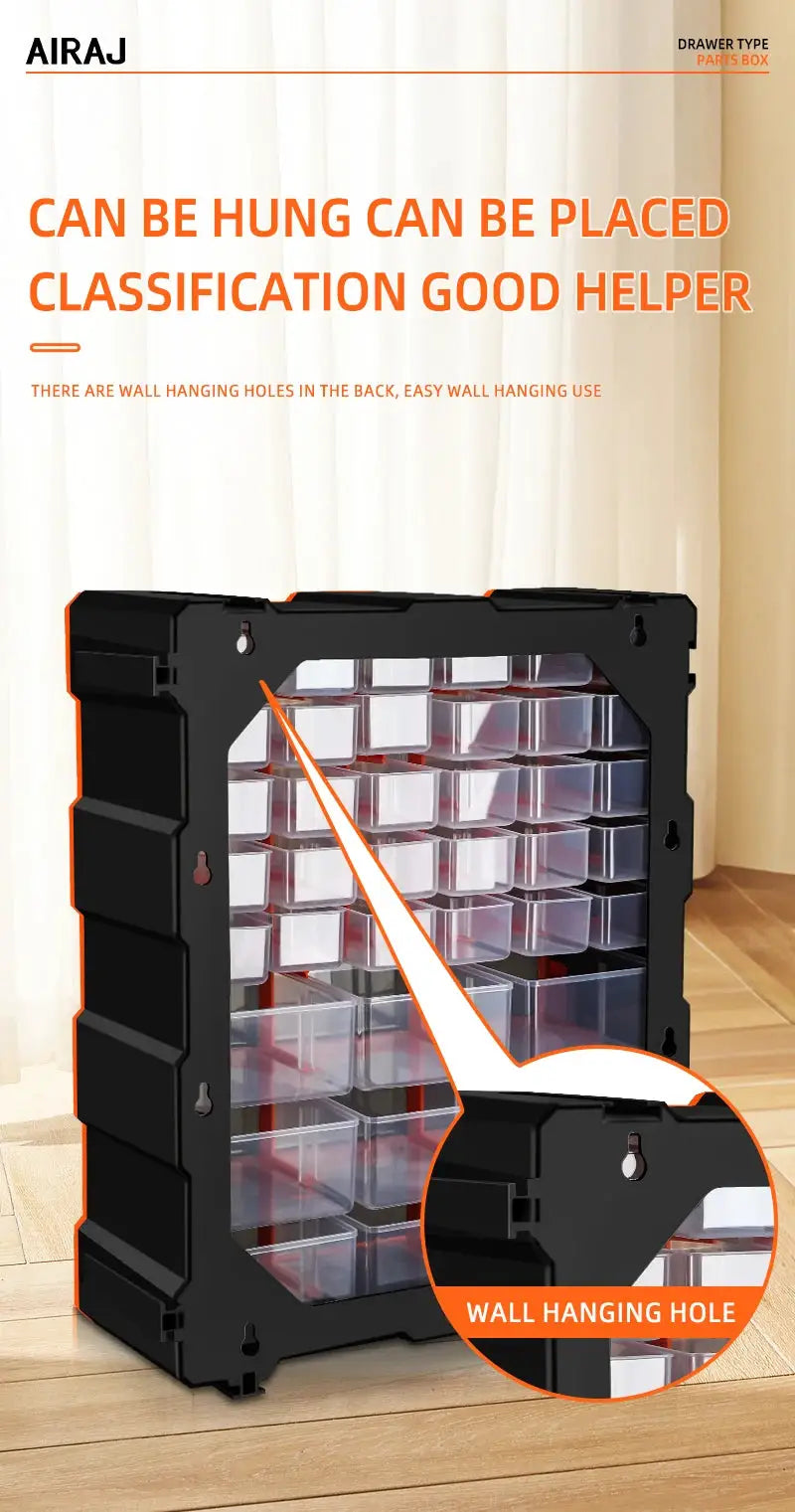 Airaj 18/39/60 drawer parts box, transparent plastic storage with a black frame and wall-mount holes