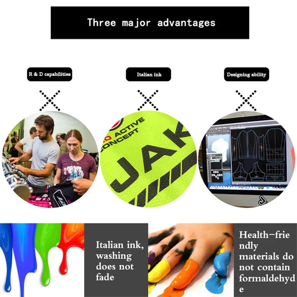 Raudax youth short-sleeve cycling jersey set by Simples Market - infographic on breathable fabric and safe materials