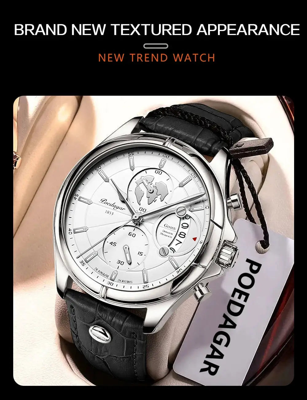 POEDAGAR men's wristwatch with white dial, chronograph, date window, silver case, black leather strap