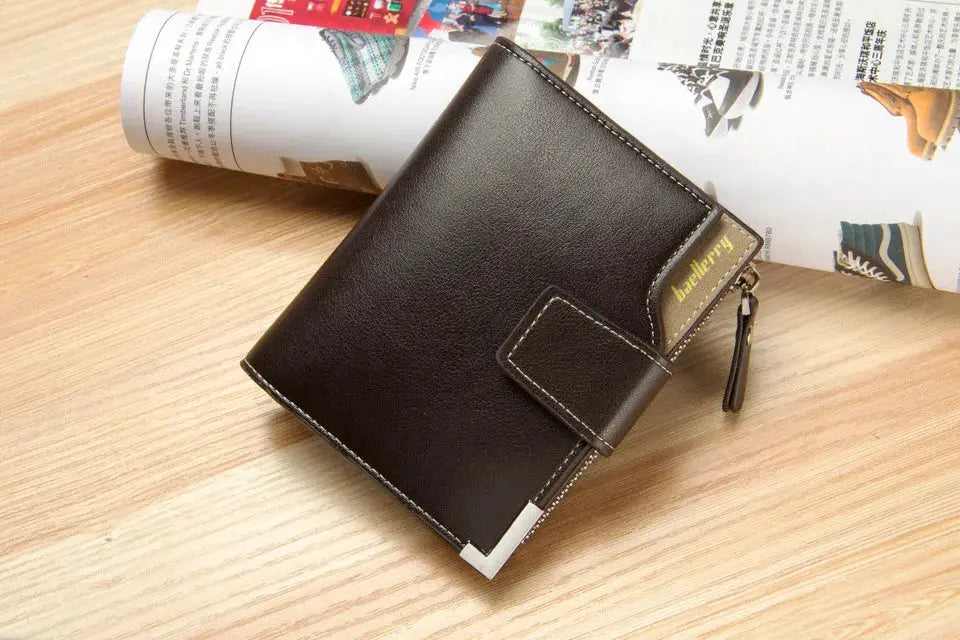 Baellerry short luxury men's black leather wallet with zipper coin pocket and card holder