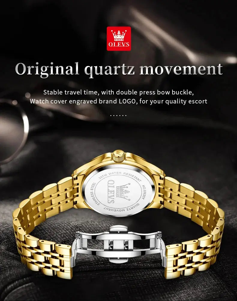 Two OLEVS 3620 luxury men's quartz watches, gold-tone and silver-tone stainless steel, water resistant.