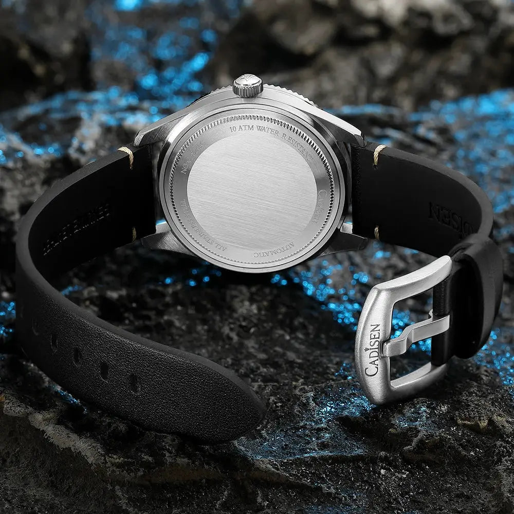 CADISEN men's wristwatch with black strap, stainless-steel case back, 10 ATM water resistant.